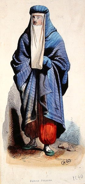 Persisk kvinne, ca. 1840 (farge litho) av French School