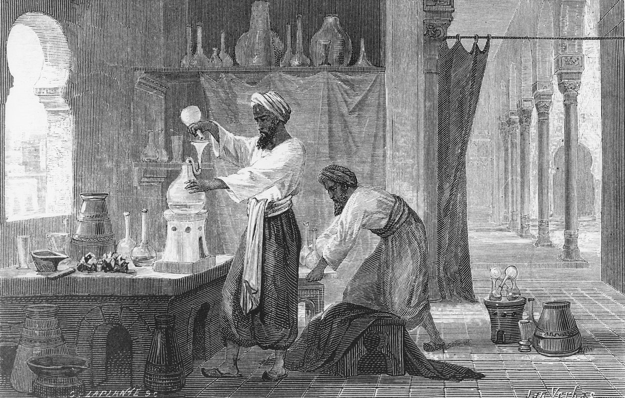 Den persiske alkymisten Rhazes i laboratoriet sitt (gravering) av French School