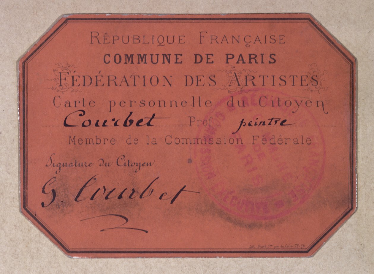 Personlig kort utstedt av Paris Federation of Artists under Commune of Paris og tilhørende Gustave Courbet, 1871 (papp) av French School