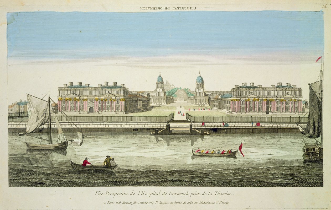 Perspektivutsikt over Greenwich Hospital på Themsen, gravert av Huquier (fargegravering) av French School