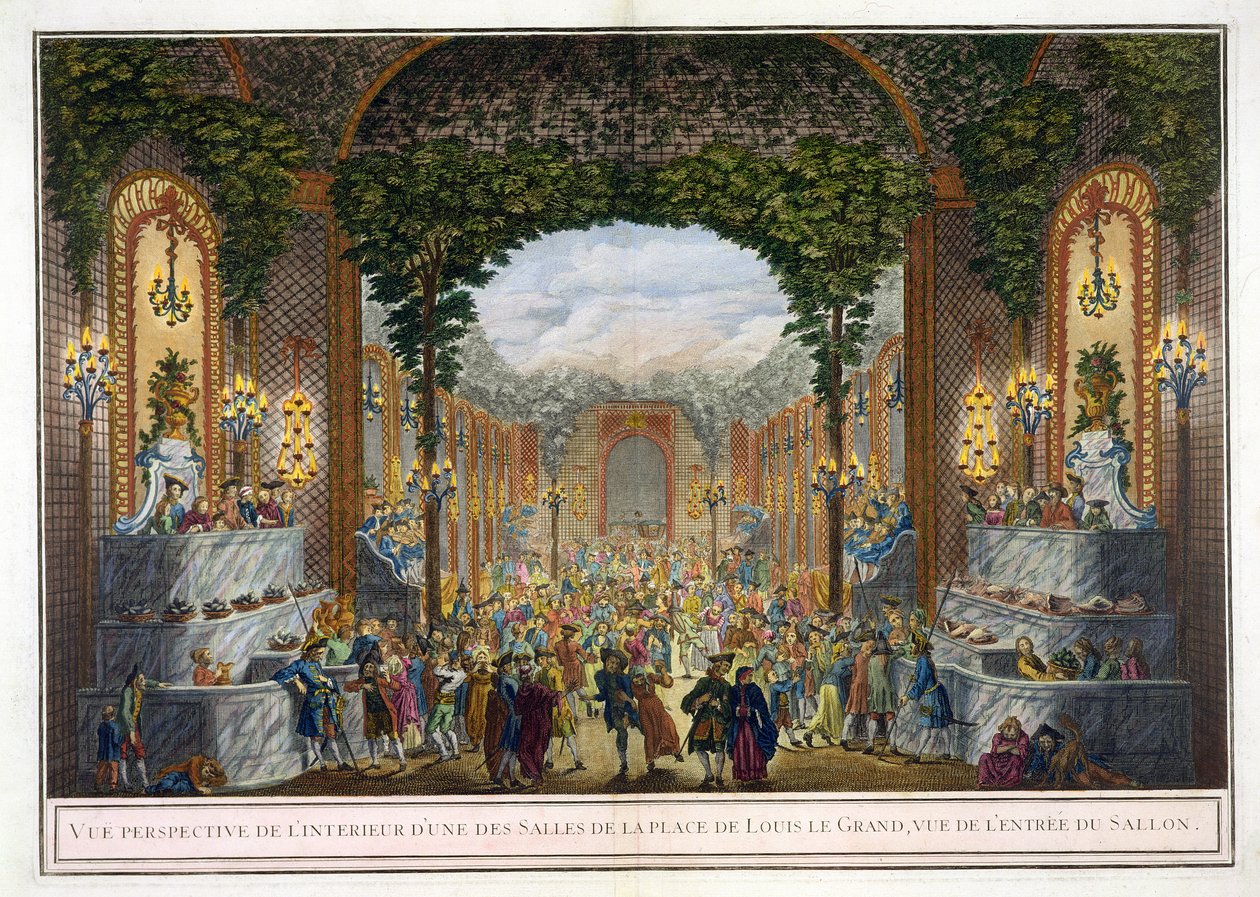 Perspektiv utsikt over interiøret i et av rommene på Place de Louis le Grand, utsikt over inngangen til salongen (fargegravering) av French School