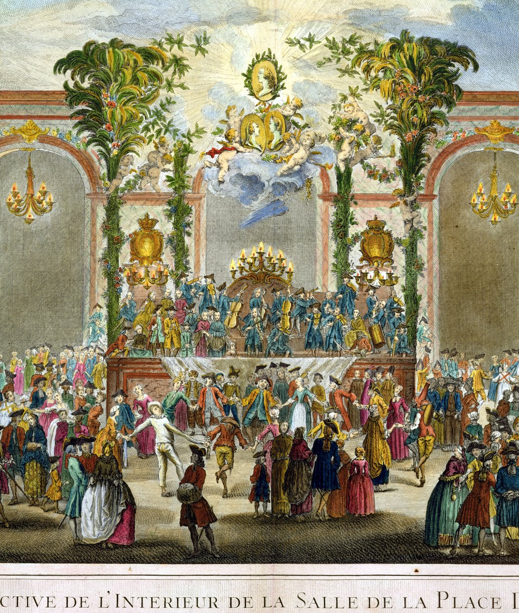 Perspektivvisning av interiøret i rommet på Place Dauphine (detalj av 101863) (fargegravering) av French School