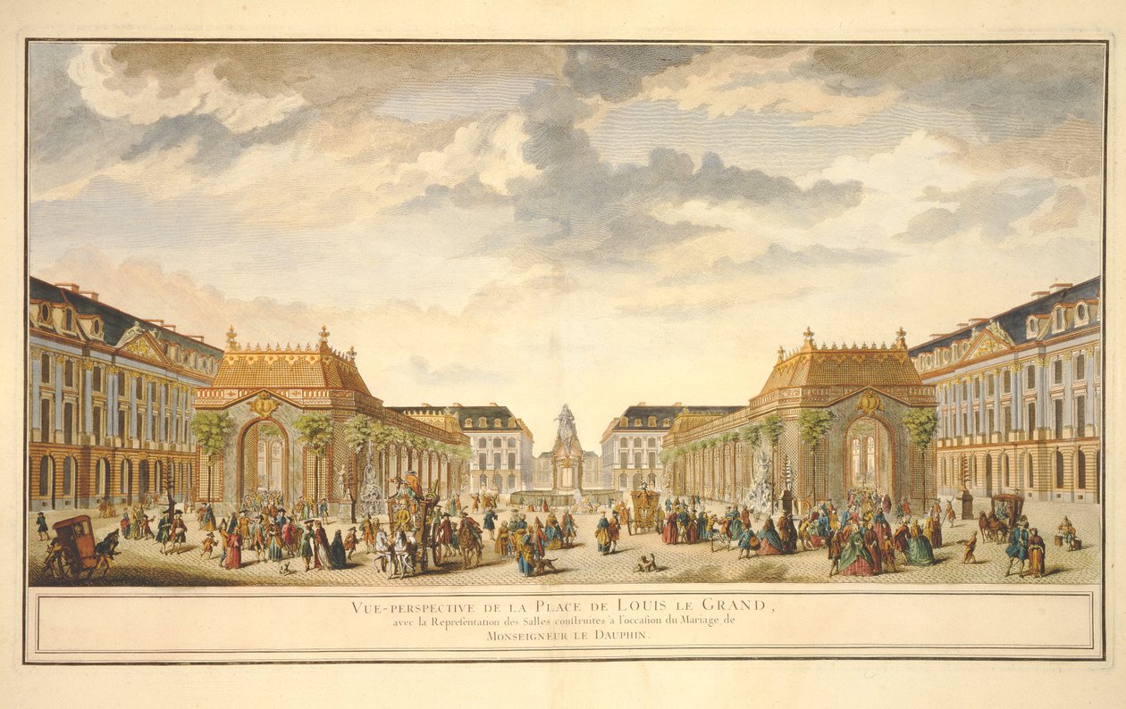 Perspektiv utsikt over Place de Louis le Grand med rommene konstruert i anledning ekteskapet til Monseigneur le Dauphin (fargegravering) av French School