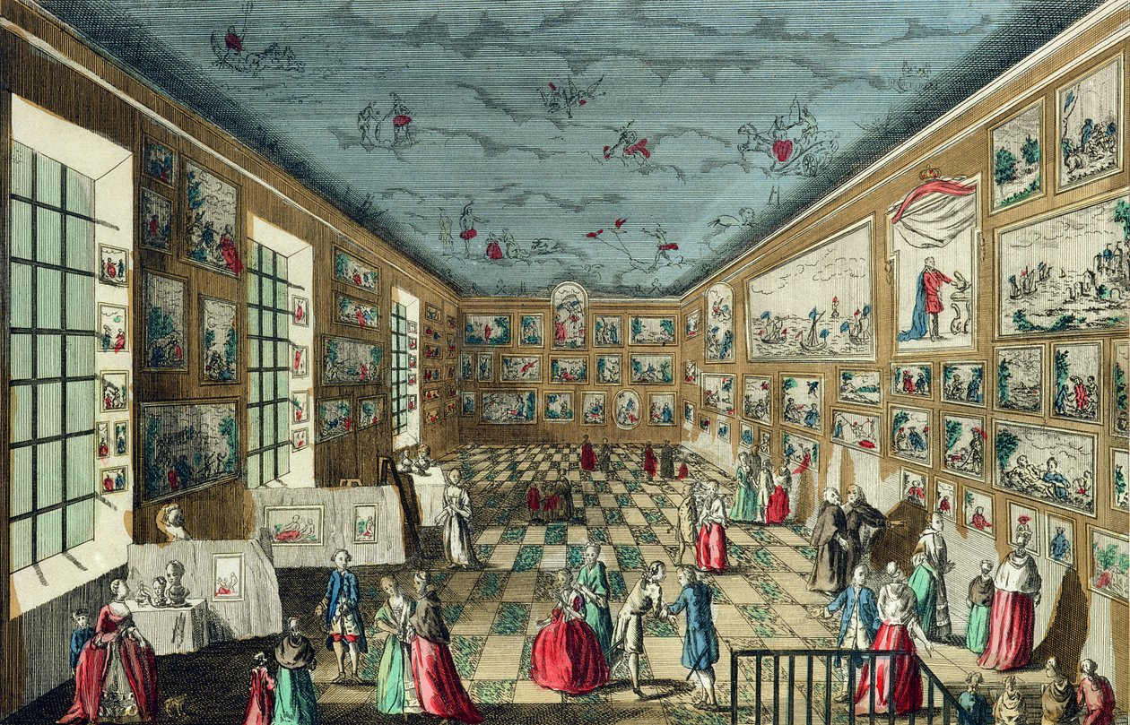 Perspektiv utsikt over salongen til Royal Academy of Painting and Sculpture ved Louvre, Paris av French School