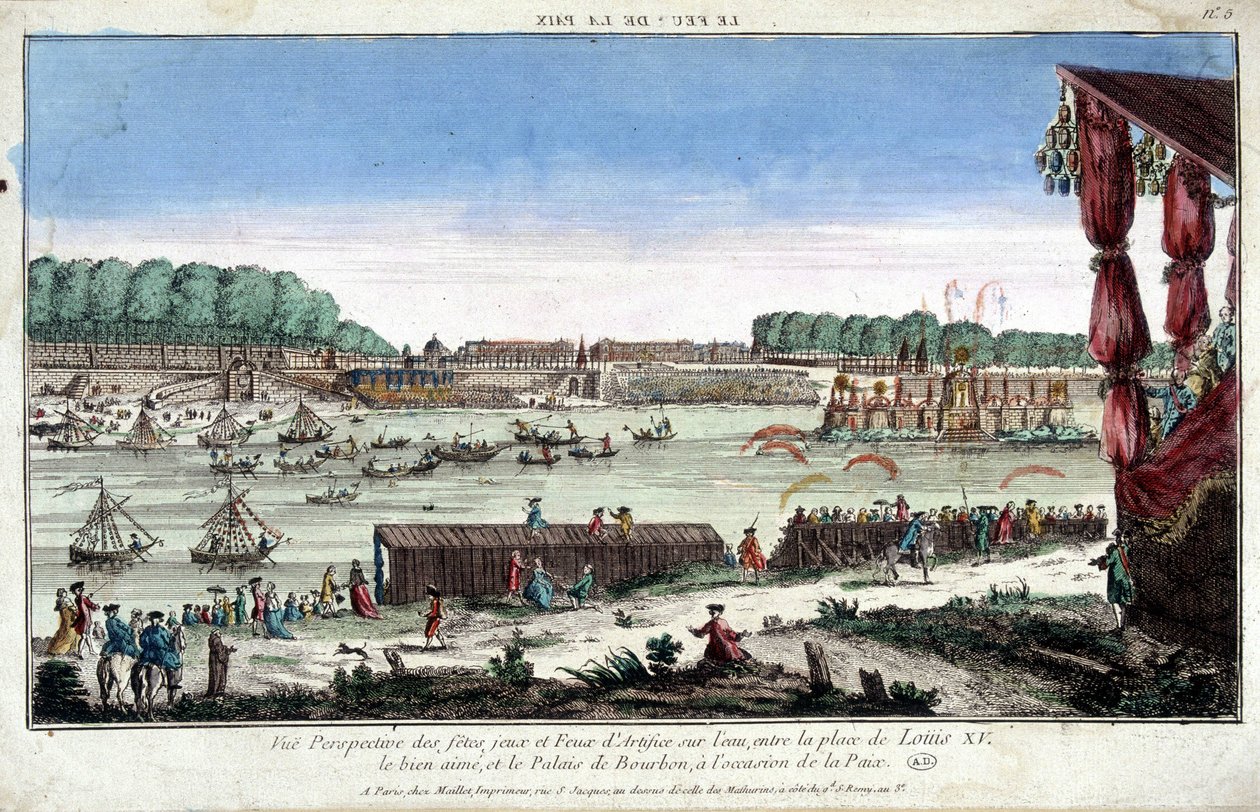 Perspektivvisning av fester, spill og fyrverkeri på vannet, mellom Place Louis XV og Palais Bourbon, i anledning fred av French School