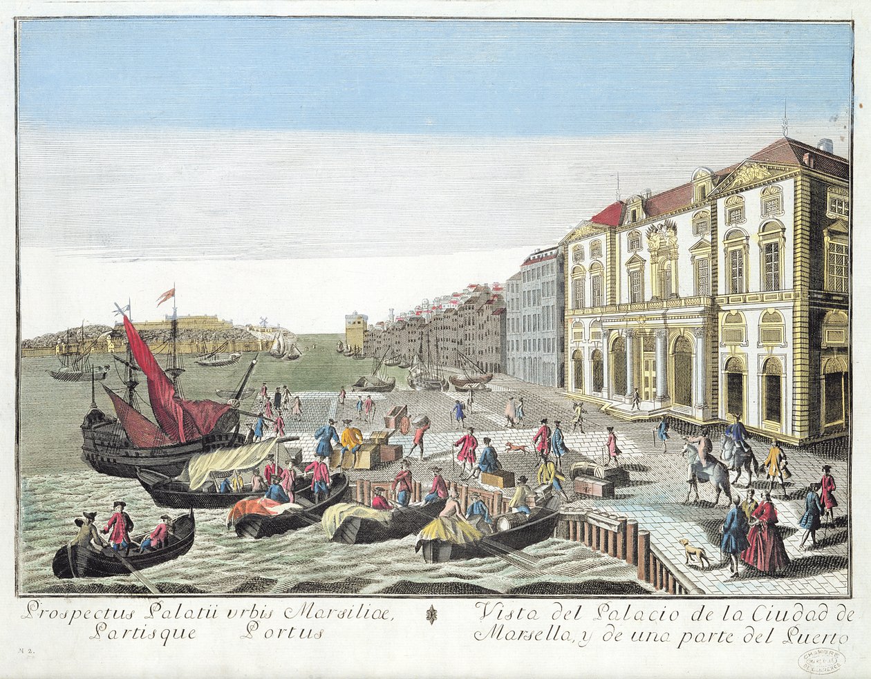 Perspektiv utsikt over rådhuset og en del av havnen i Marseille, ca. 1770 av French School