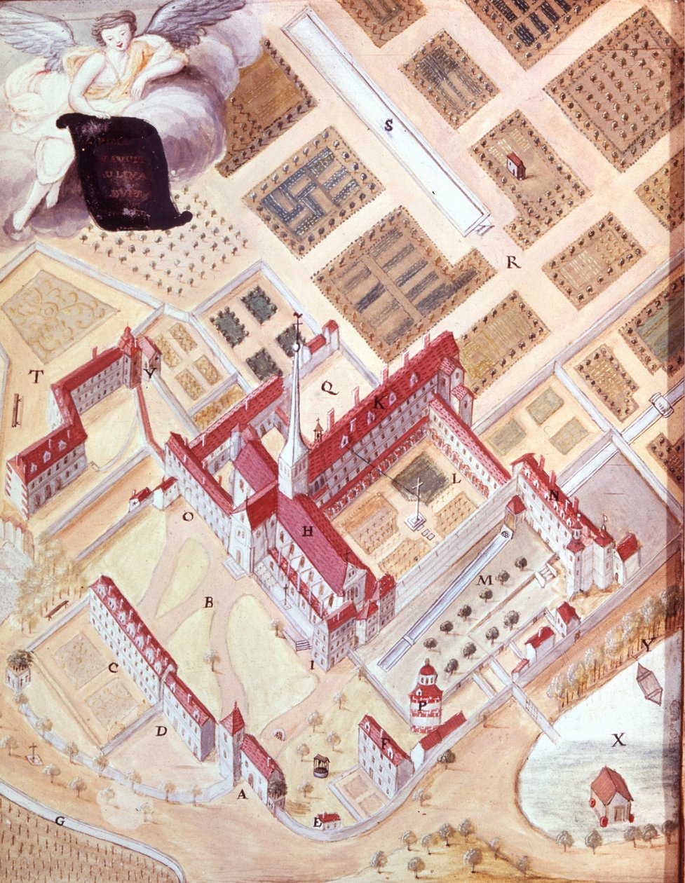 Perspektiv utsikt over klosteret Port Royal des Champs (Port-Royal-des-Champs) i luftlinje. 1700-talls gouache-tegning. Versailles museum av French School
