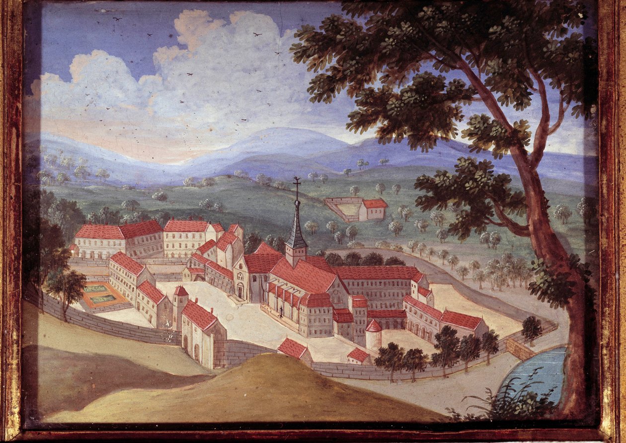 Perspektiv utsikt over klosteret Port royal des champs. Utsikt over klosteret Port-Royal-des-Champs). Anonymt maleri fra 1700-tallet. Port Royal, Musee Des Granges. av French School