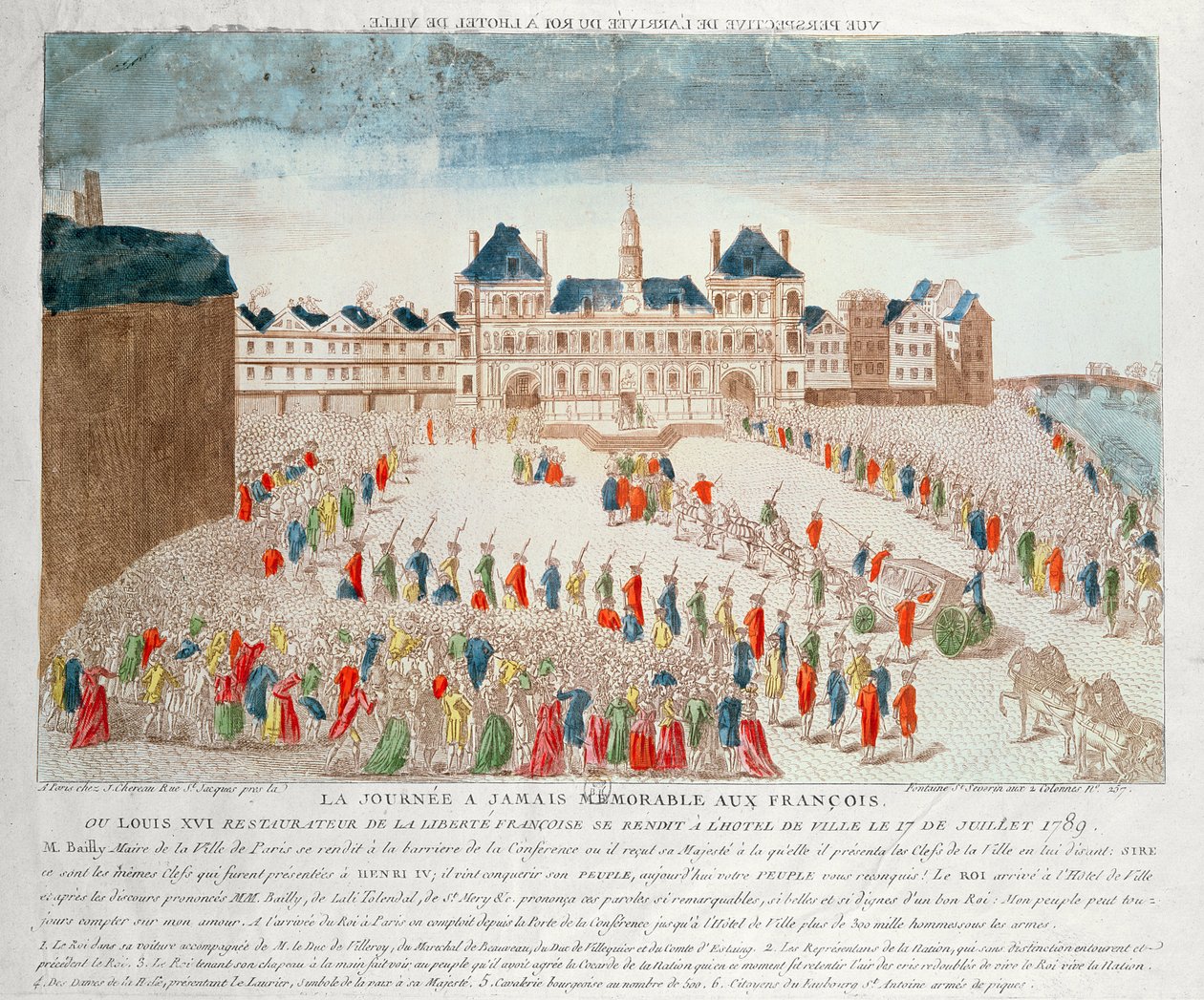 Perspektivvisning av ankomsten til Louis XVI (1754-93) på Hotel de Ville, 17. juli 1789 av French School