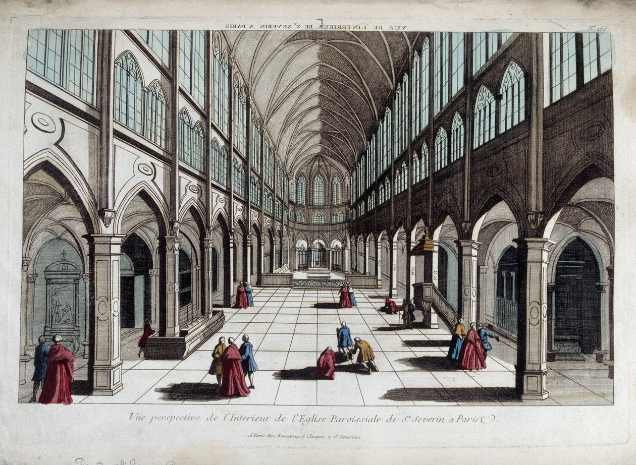 Perspektivvisning av interiøret i kirken Saint Severin i Paris - optisk visning av French School