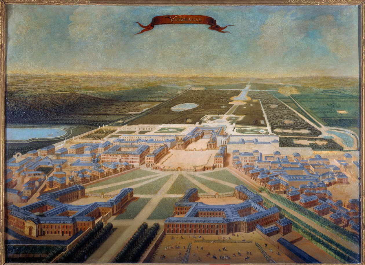 Perspektiv utsikt over stallene til slottet og hagene i Versailles på slutten av Ludvig XIVs regne, rundt 1710-1715. Maleri av den franske skolen av French School