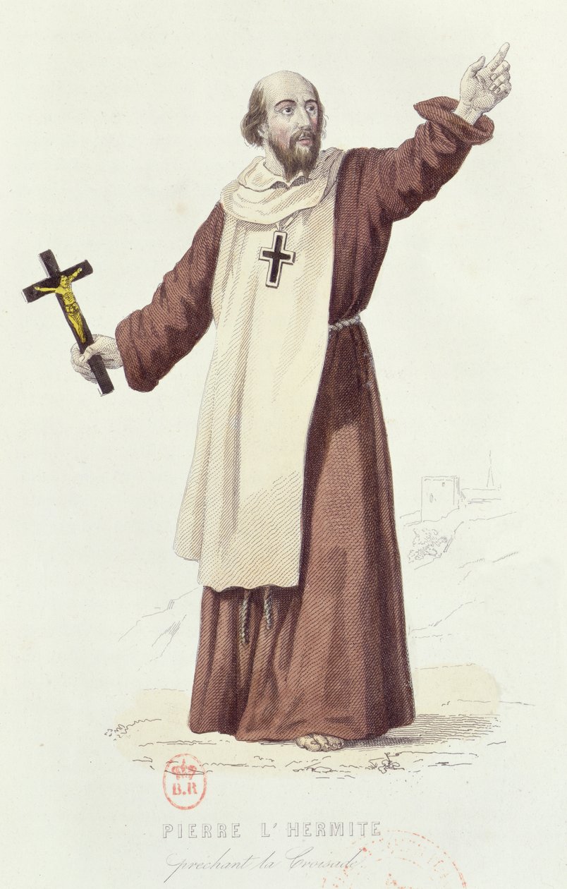 Eremitten Peter (ca. 1050-1115) forkynte det første korstoget i 1095, ca. 1840 (fargegravering) av French School