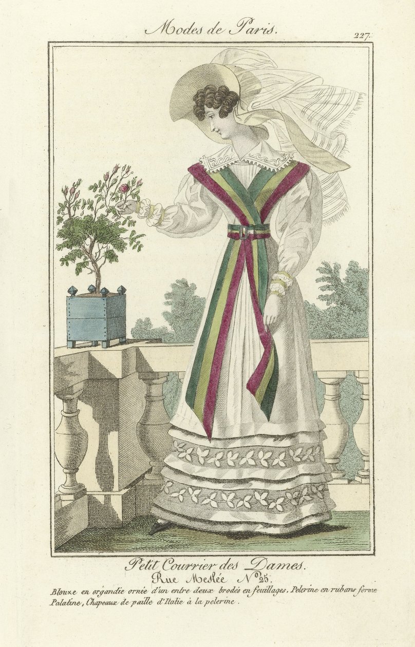 Petit Courrier des Dames, Rue Meslee nr. 25, fra Modes de Paris, pub. 1824 (farget gravering) av French School