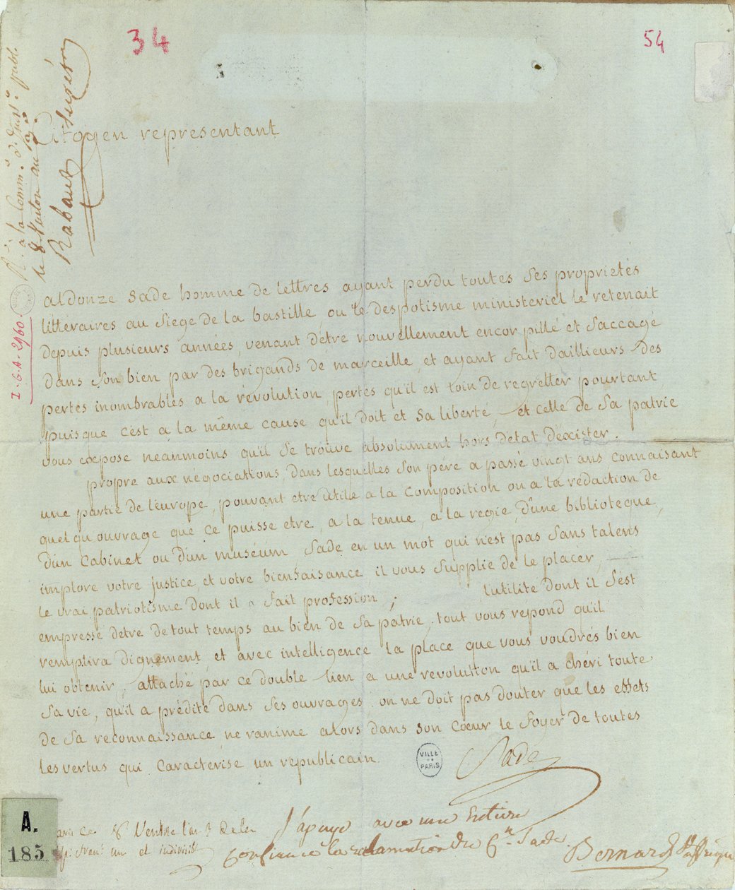 Begjæring av Aldonze Sade for ansettelse, 1794-95 (penn og blekk på papir) av French School