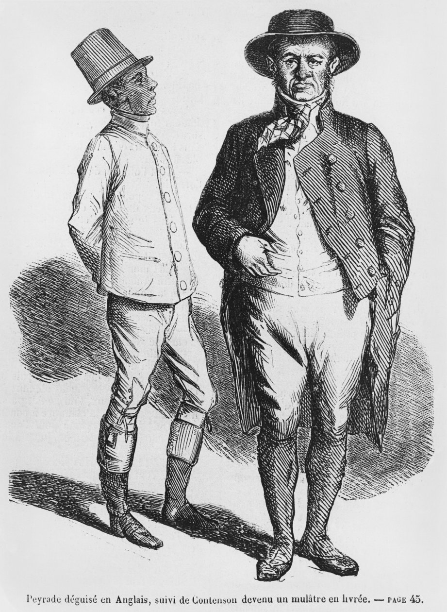 Peyrade forkledd som en engelsk mann og Contenson som en mulatttjener, illustrasjon fra Splendeurs et Miseres des Courtisanes av Honore de Balzac, utgitt 1867 av French School