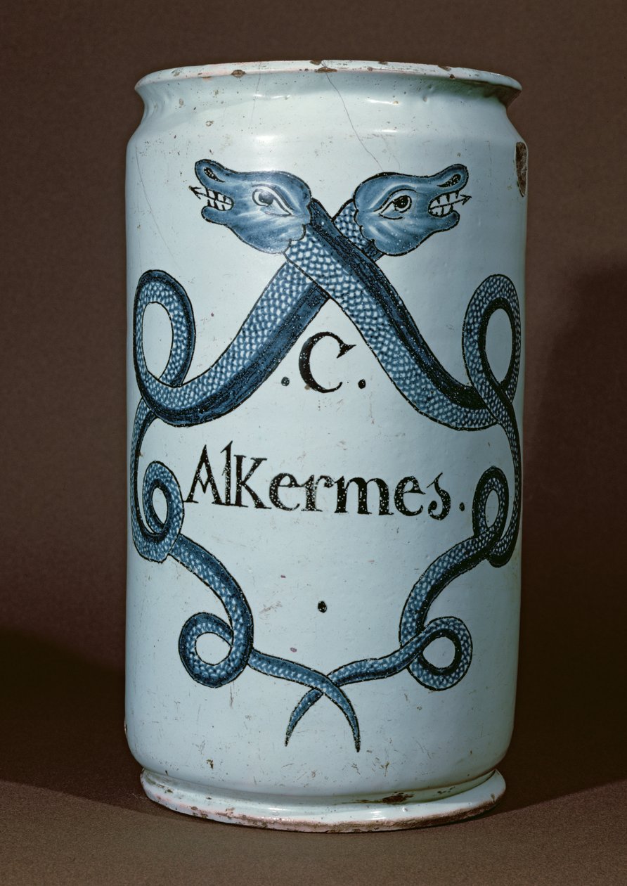 Farmasøytisk krukke for alkerner, fra Rouen, ca. 1770 (keramikk) av French School