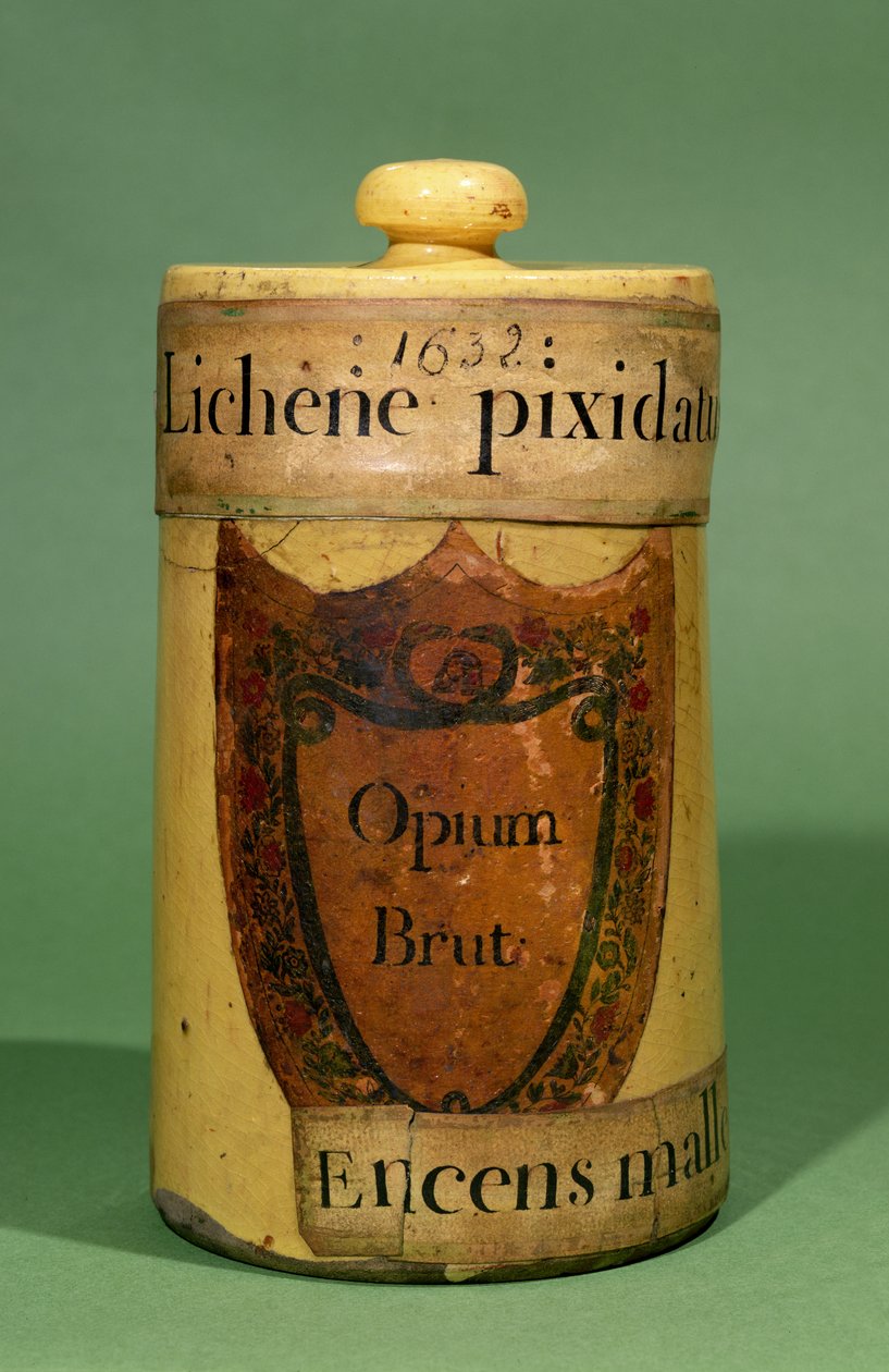 Farmasøytisk krukke for oppbevaring av rå opium, 1632 (keramikk) av French School