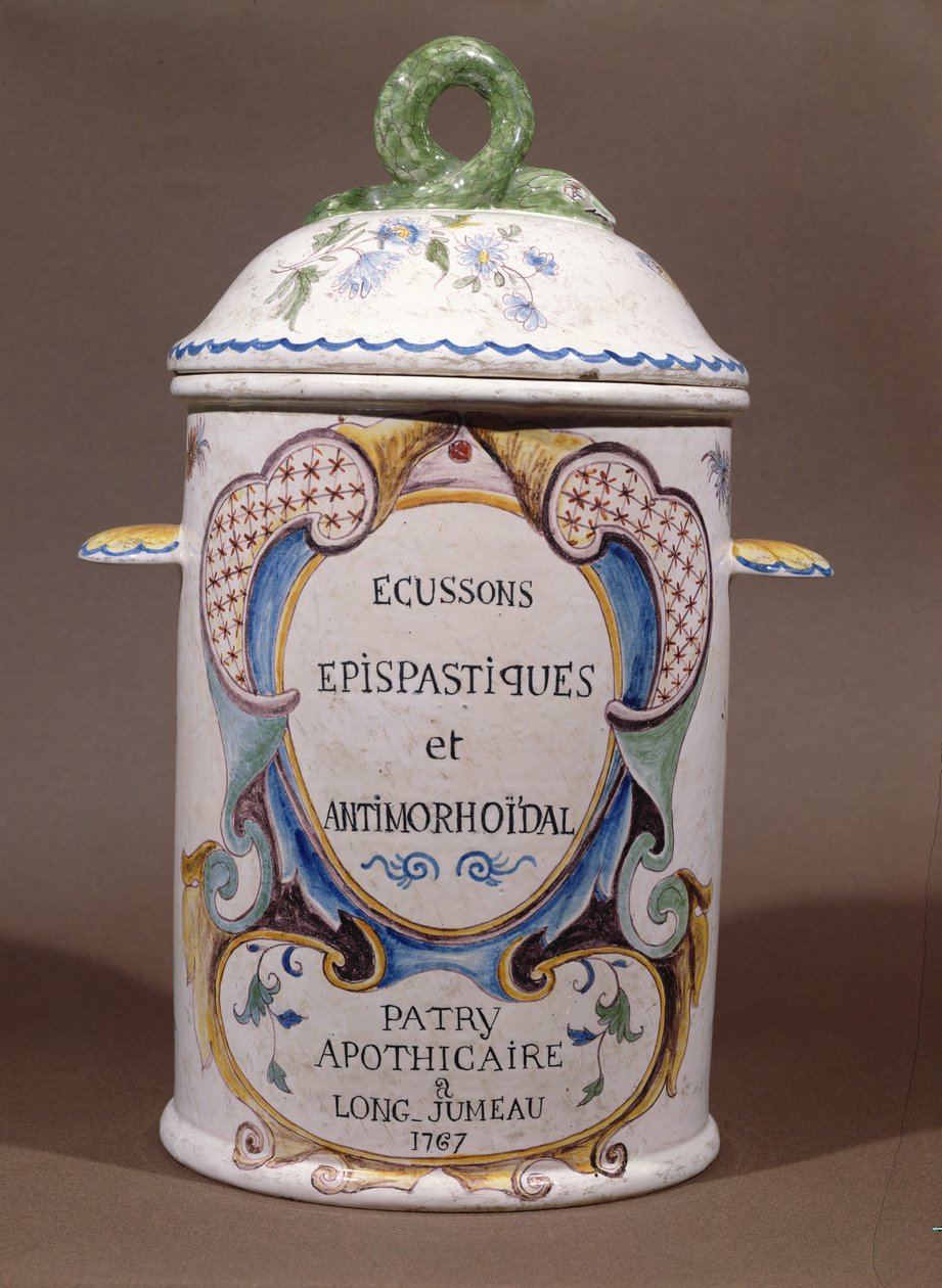 Farmasøytisk krukke fra Patry-apotekeren i Longjumeau, 1767 (keramikk) av French School