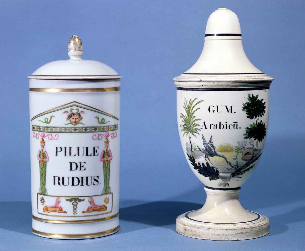 Farmasøytiske krukker for Pilule de radius og Gum Arabic (fajanse) av French School