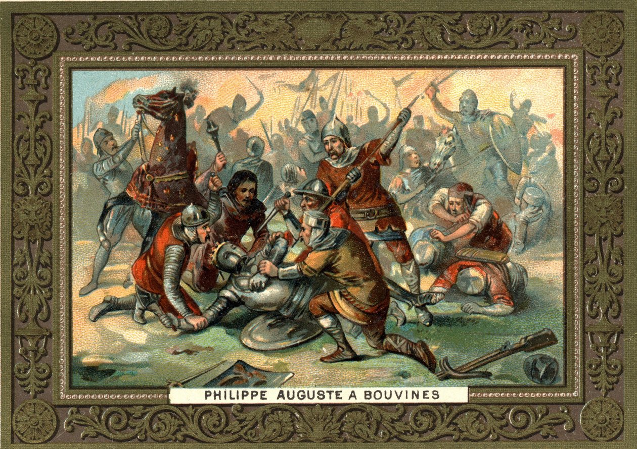 Philippe Auguste in Bouvines in 1214. 19th century chromolithography Coll. Bianchetti. av French School