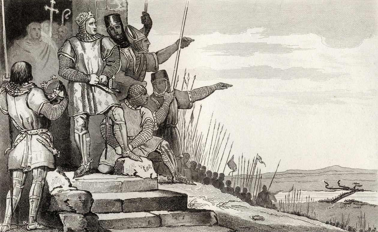 Philippe II Auguste (1165-1223) vinner slaget ved Bouvines etter bønn, fra 