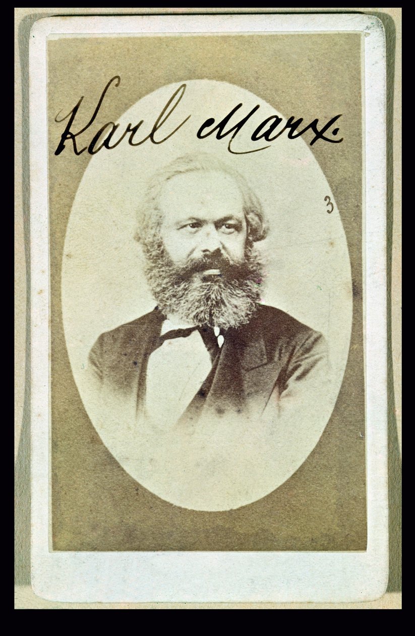 Fotografisk visittkort av Karl Marx (1818-93) med hans signatur av French School