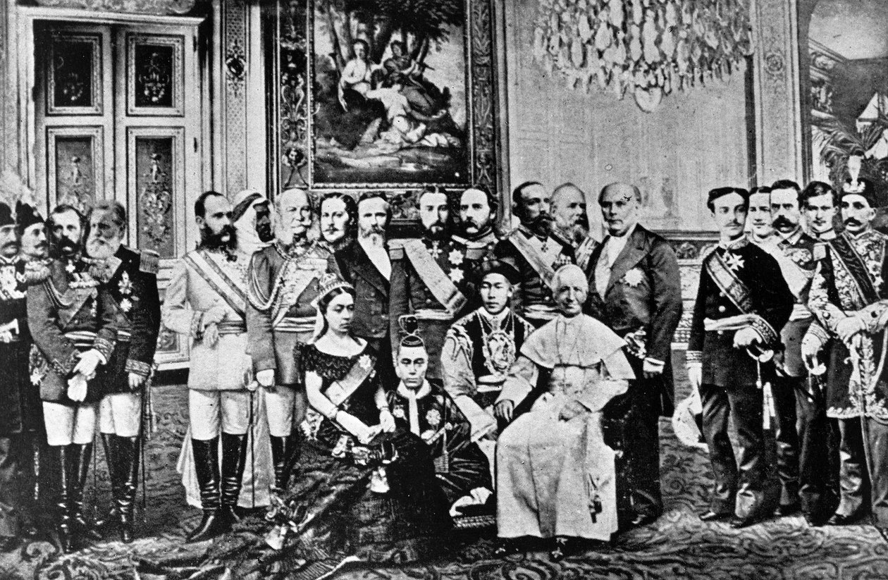 Fotomontasje av verdens herskere, 1867 (collaged bw-bilder) av French School