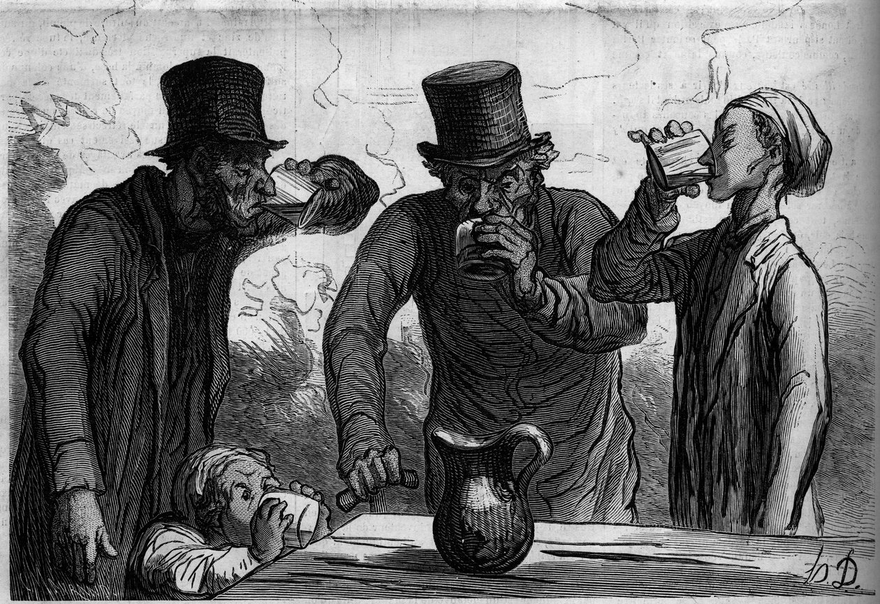 Physiology of the drinker: the four ages. Cartoon by Honore Daumier (1808-1879). Engraving in “” Le Monde Illustré”” n°289 of October 25 av French School
