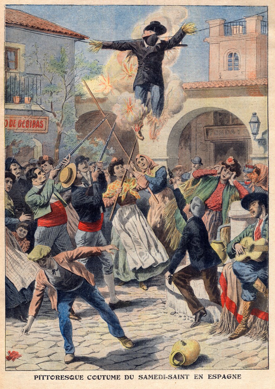 Pittoresk skikk av hellig lørdag i Spania: folket lager en flettet mannequin kledd i oriskins (Judas) som går gjennom gatene, invektiv, skutt og brent - illustrasjon fra "The Petit Journal" av 31. mars av French School