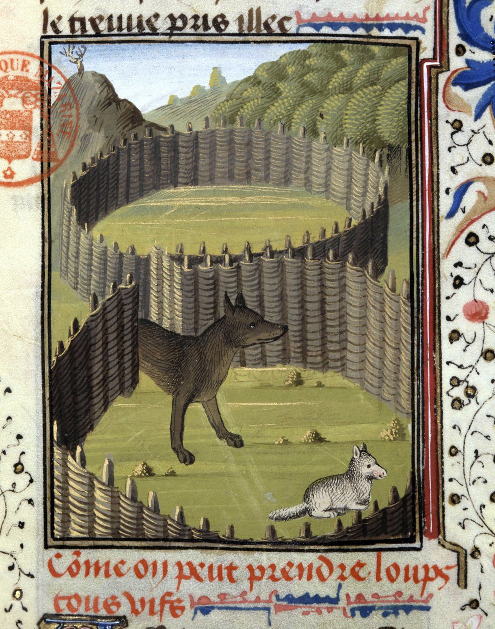 Piege en ulv - i "" Hunting Book of Gaston Phoebus, Count of Foix, Lord of Béarn"" av French School