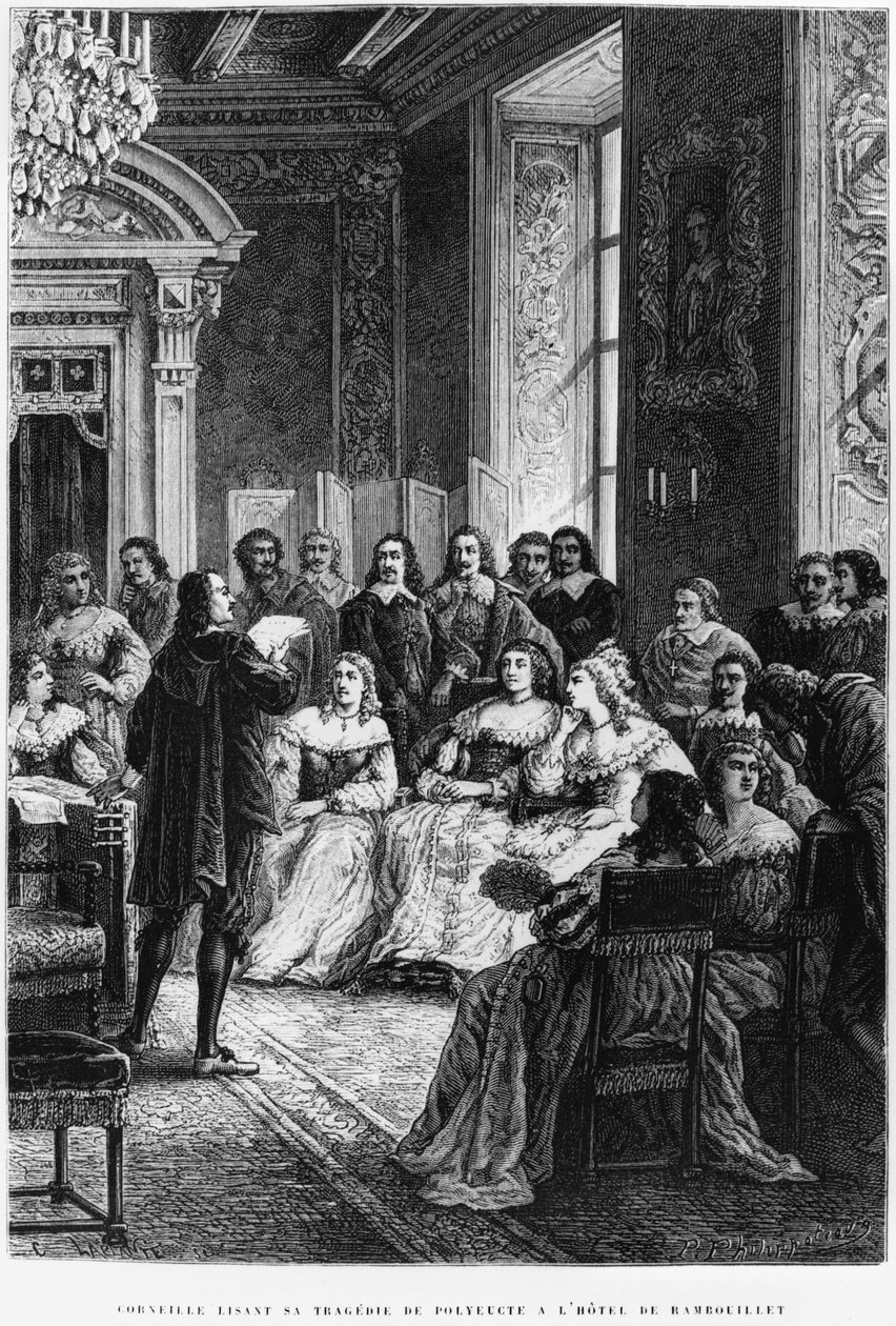 Pierre Corneille (1606-84) leser Polyeucte på Hotel de Rambouillet, ca. 1880 av French School