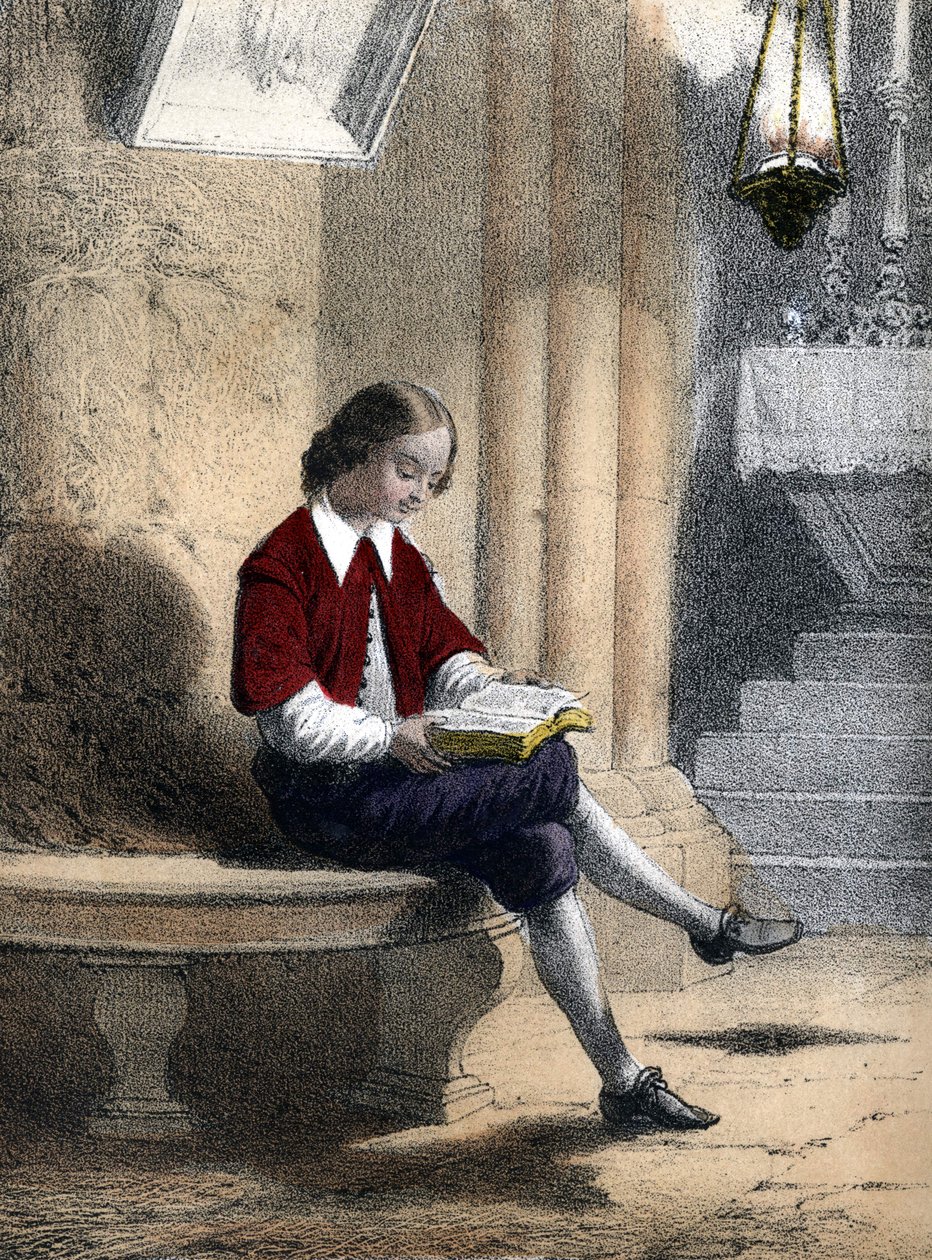 Pierre Gassendi (1592 - 1655): sittende under lampen hengt opp fra voîte (av kirken), begynte han å lese - i "" Les enfants illustres - tales historiques""" av Madame Eugenie Foa av French School