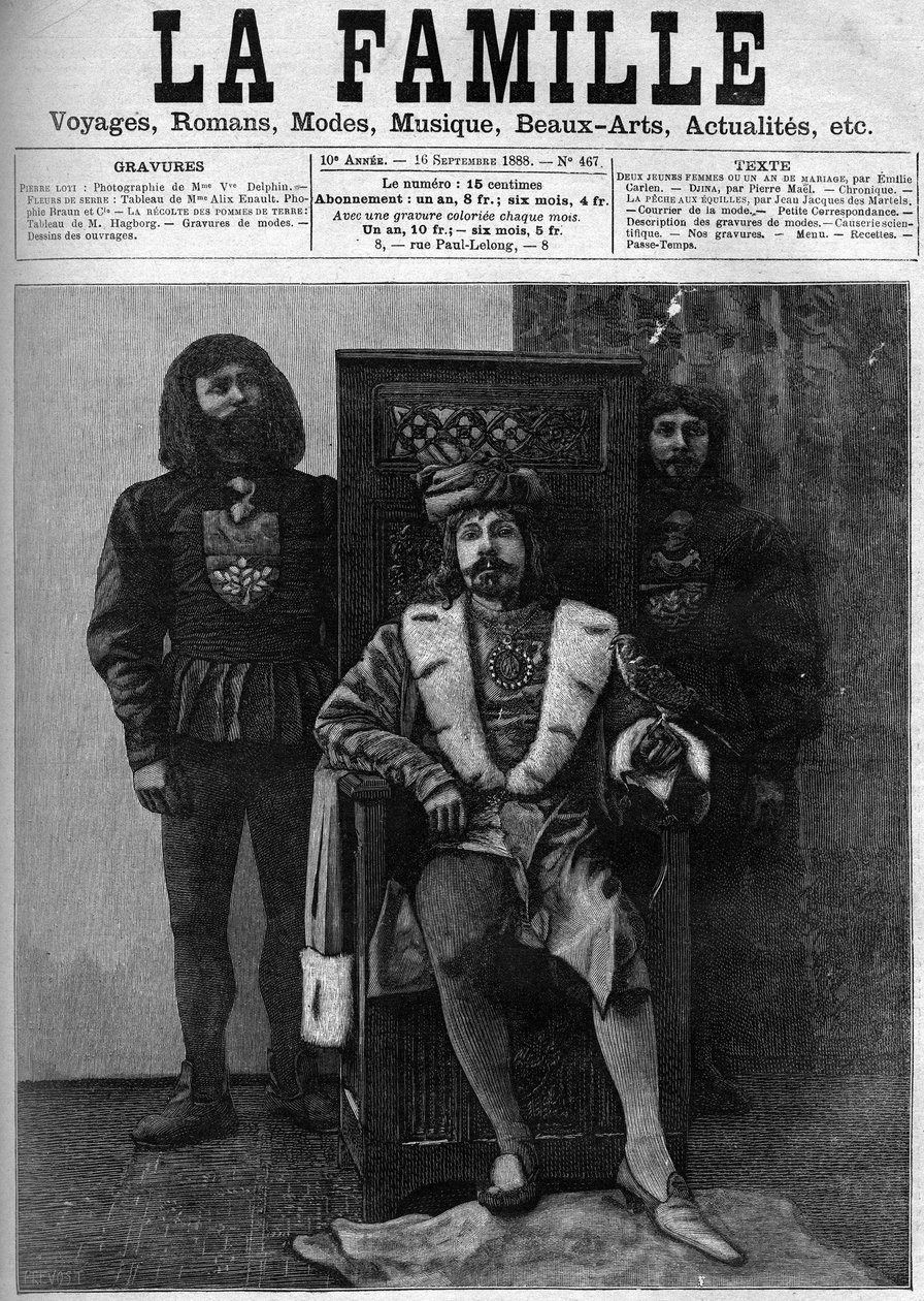 Pierre Loti in Louis XI costume receiving his guests in his castle during a party in a decor from the period of Louis XI. Cover of “” The Family”” from 1888. av French School