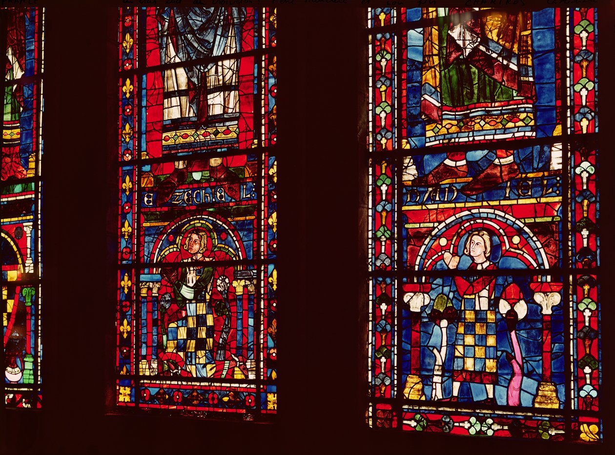 Pierre de Dreux (1190-1250) og hans sønn Jean de Bretagne (1237-86) detaljer fra et lansettvindu i det sørlige tverrskipet, ca. 1217-25 av French School