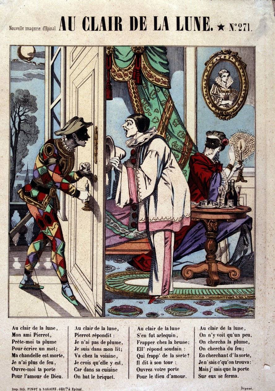 Pierrot, Harlequin og naboen, syk. av sangen "Au clair de la lune", bilde av Epinal av French School