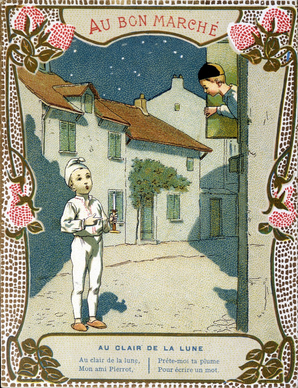Pierrot med stearinlyset, "" Au clair de la lune"" - etikett av "Le Bon Marché"" av French School