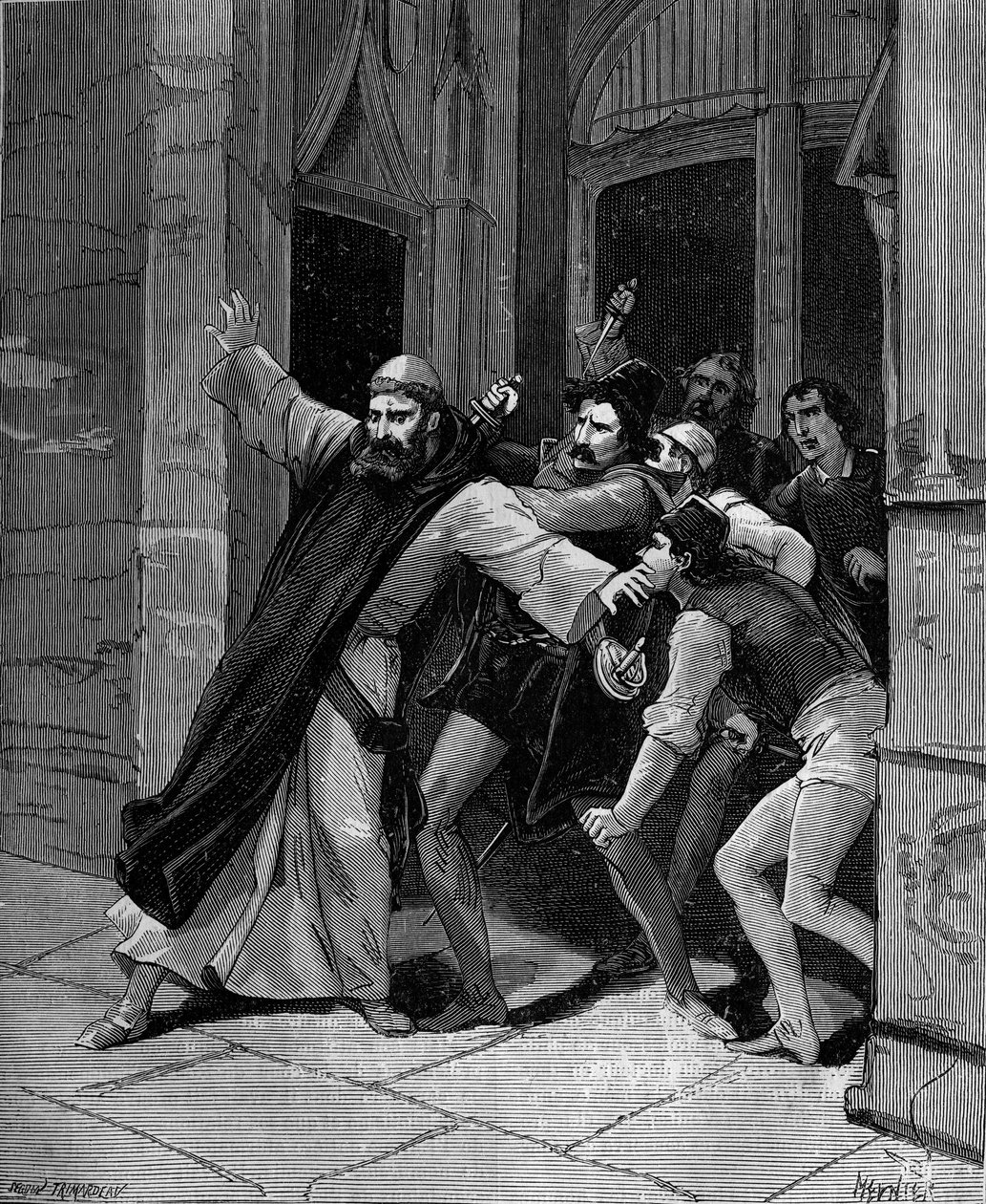Pietro Paolo Sarpi, kjent som Fra Paolo, av Marias tjenereorden (1552-1623) venetianske historiker sår av leiemordere 5. oktober 1607 i Venezia. av French School