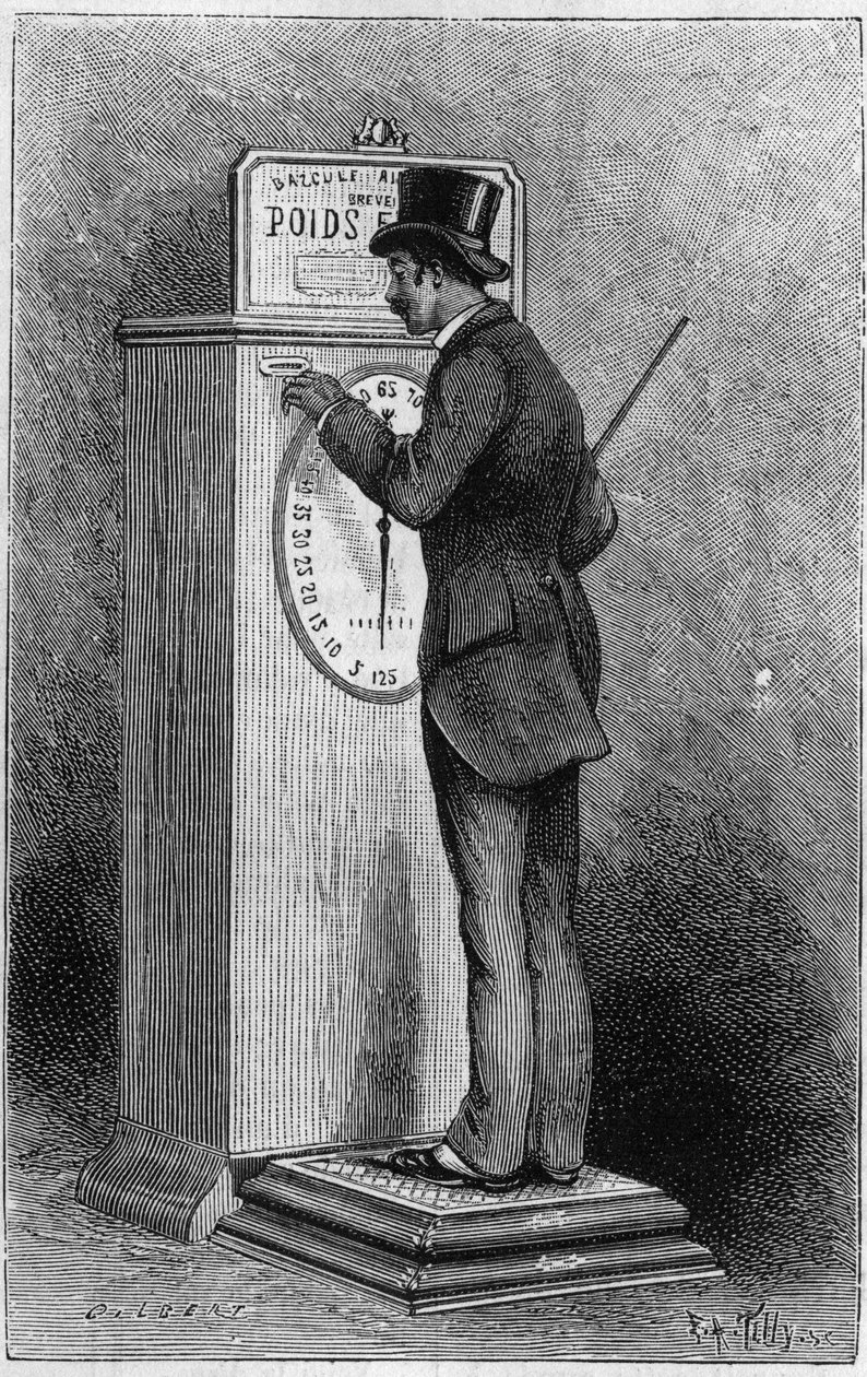 Piggy bank and dial toggle giving the weight under the action of a 10 cent piece that is thrown into it. Engraving in “” La Nature. Revue des sciences et de ses applications aux arts et a l