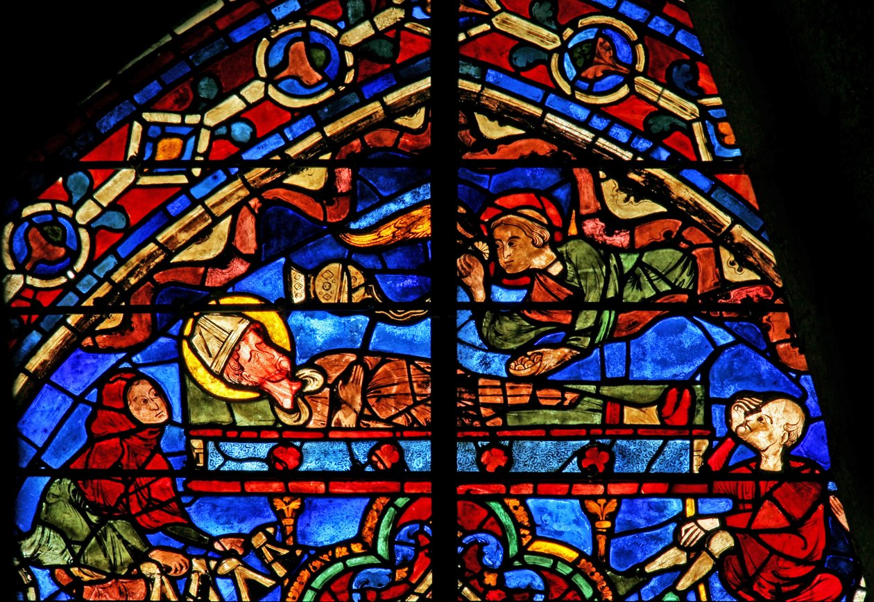 Pilegrimer og en engel ved graven til Thomas Becket (w18) av French School