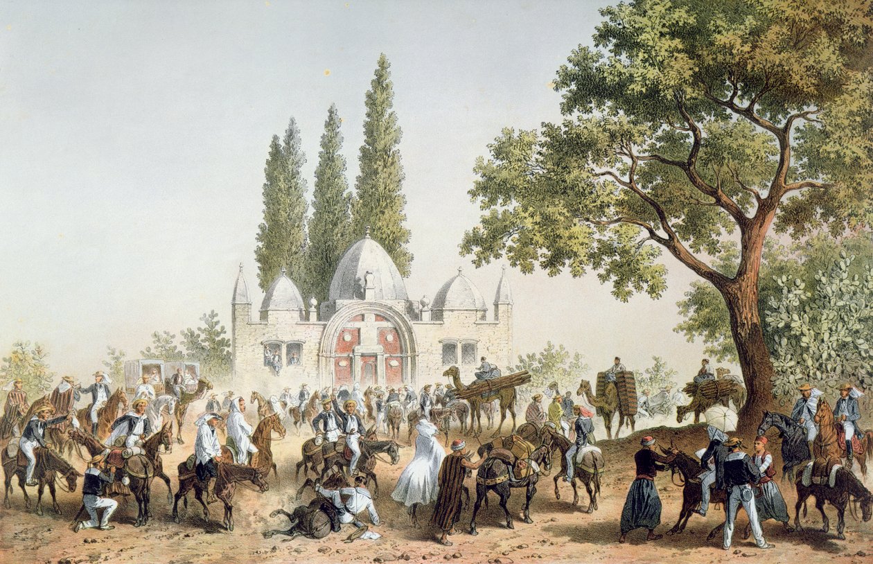 Pilegrimer som stopper i Jaffa ved Sabil Abu Nabut-fontenen av French School