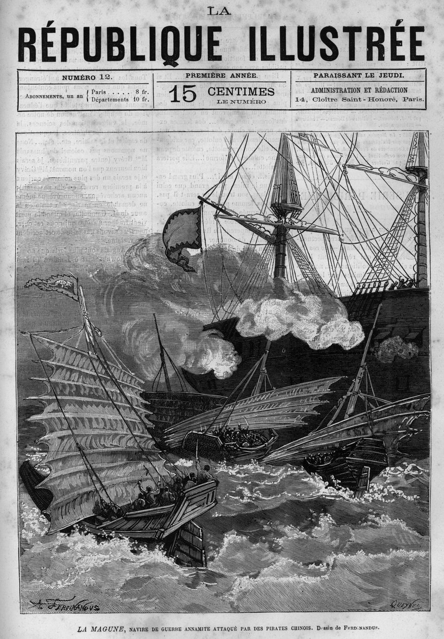Piratkopiering: det annamittiske krigsskipet «La Magune»» angrepet av kinesiske pirater. En avis. Gravering fra 1880 i "La republique illustree"" privatsamling. av French School