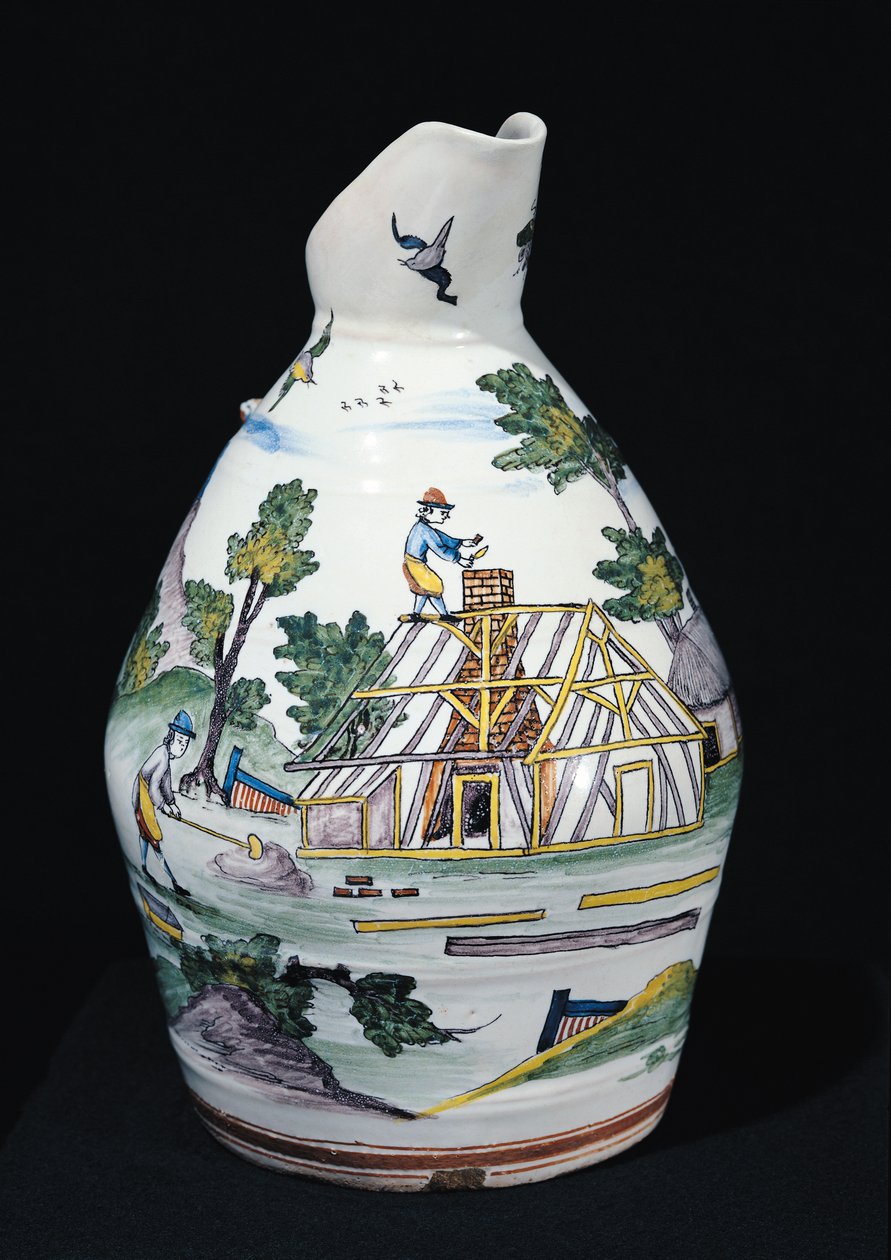 Mugge som viser konstruksjonen av en bygning, Sinceny, ca. 1740-50 (fajanse) av French School