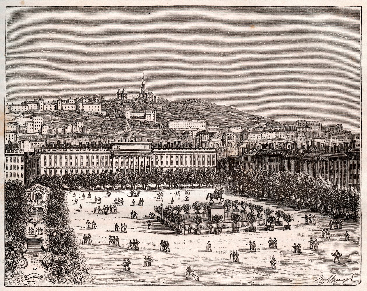 Place Bellecour eller Place Louis-le-Grand - det største torget i Lyon - gravering i "La France illustrée: geografi, historie, statistisk administrasjon" av V.-A. Malt brun. 1884 av French School