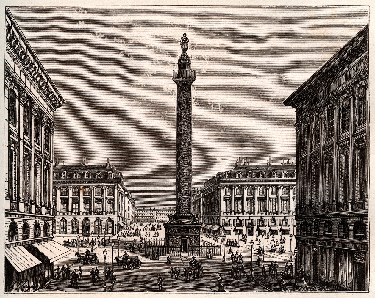 Place Vendome i Paris på 1800-tallet - gravering i "La France illustree: geographie, histoire, administration statistique" av V.A. Malt-brun. 1884 av French School