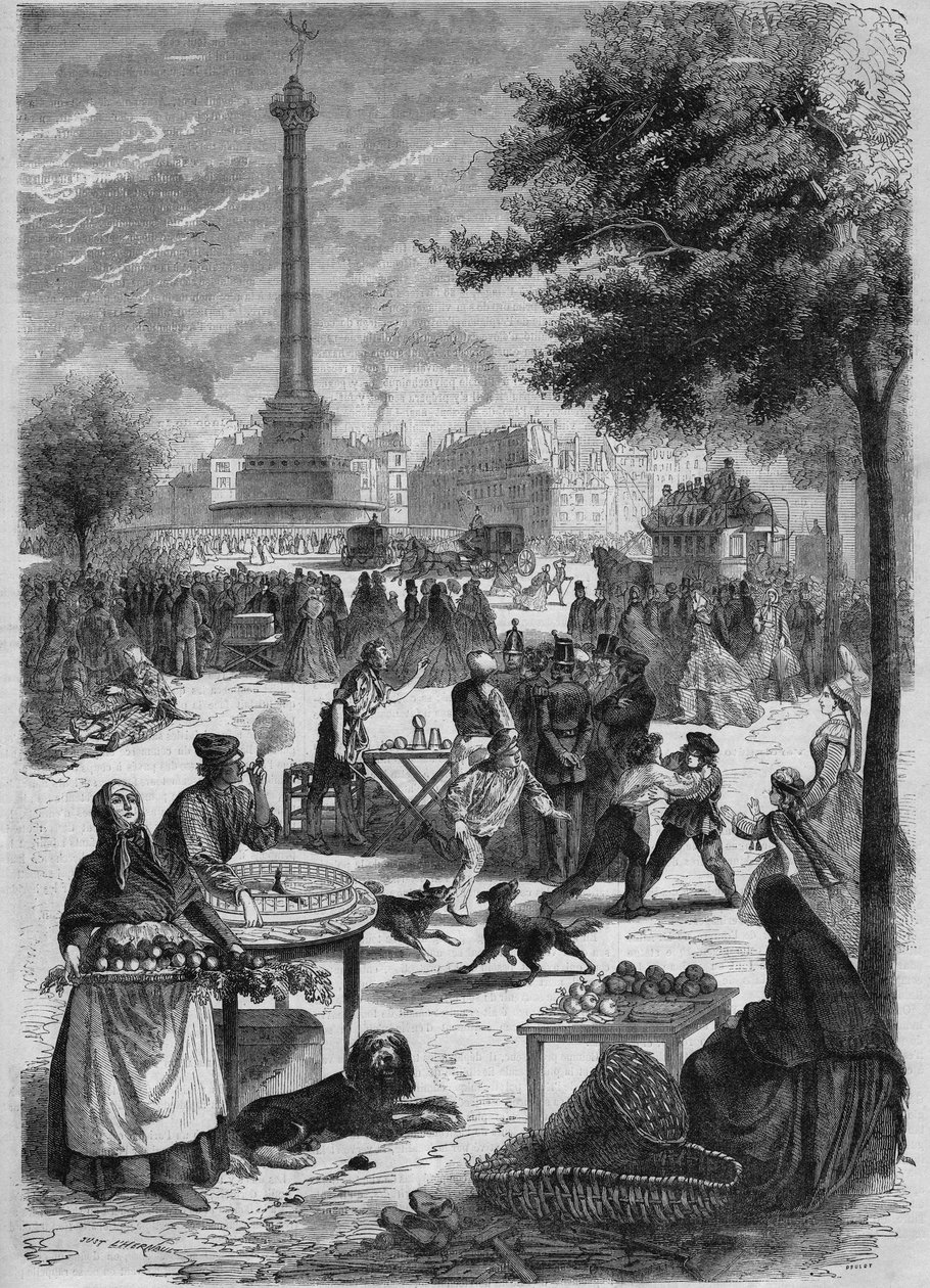 Place de la Bastille på en søndag i september. Gravering etter en skisse av Pignard fra 1865. av French School