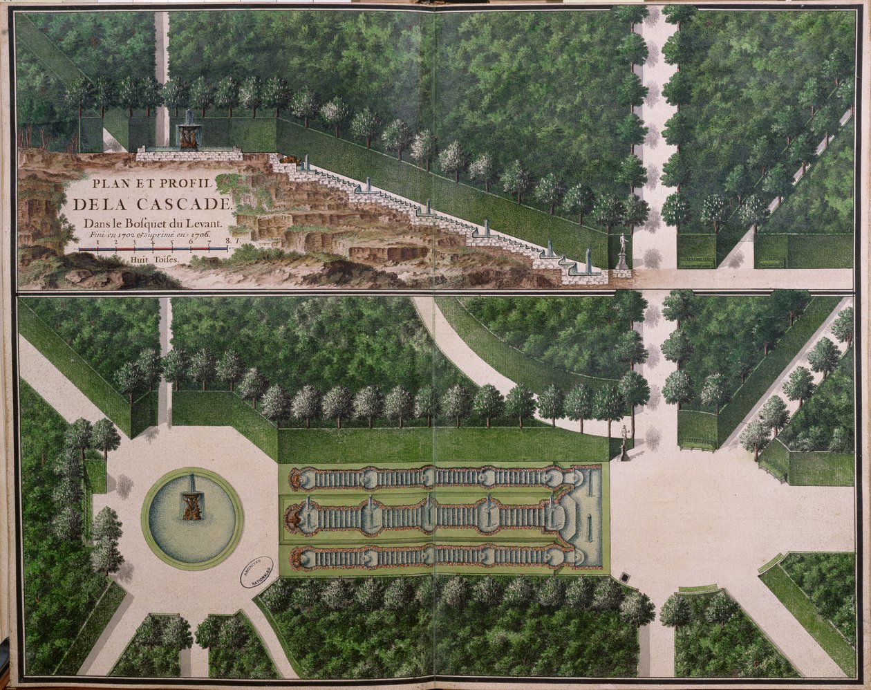 Plan og tverrsnitt av kaskaden i Levantens lund, fra Gardens at Marly, tidlig på 1700-tallet (wc på papir) (se også 174228) av French School