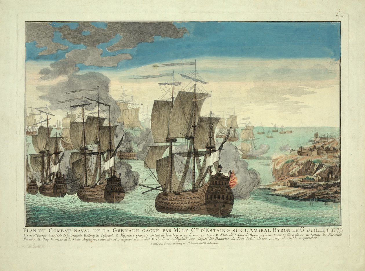 Grenada Naval Combat Plan vunnet av Mr. Cte. D"Estaing på Admiral Byron den 6. juli 1779, pub. 1779 av French School