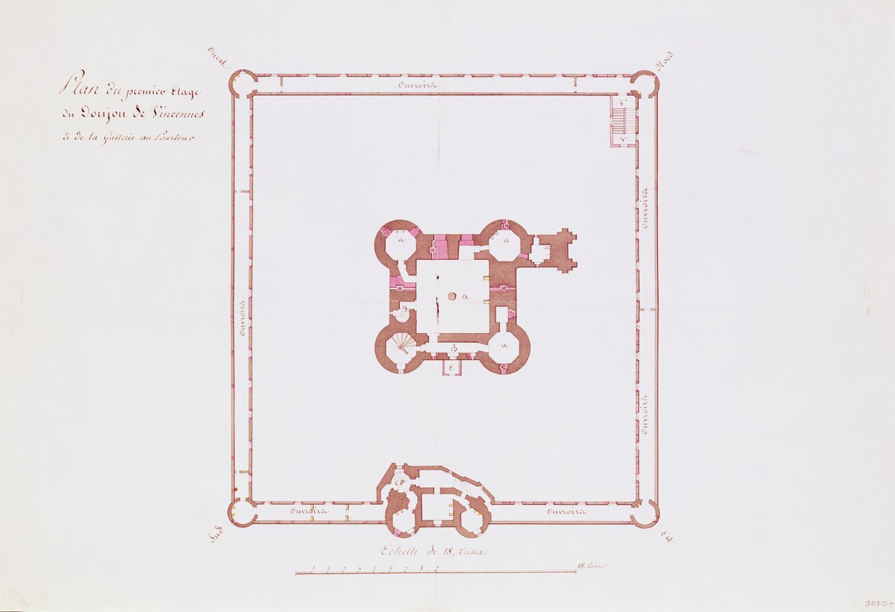 Plan for første etasje i Donjon i Vincennes, 1810 (penn og blekk på papir) av French School