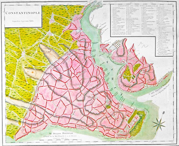 Plan av Konstantinopel (håndfarget gravering) av French School