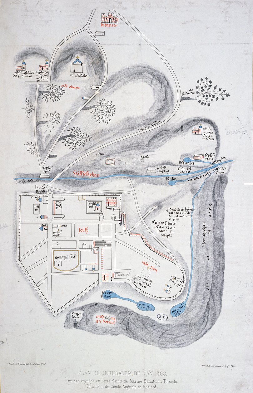 Plan over Jerusalem i 1308, illustrasjon fra en faksimileutgave av Liber de Expedition Terrae Sanctae av Marino Sanuto di Torcello (ca. 1260-1338) av French School